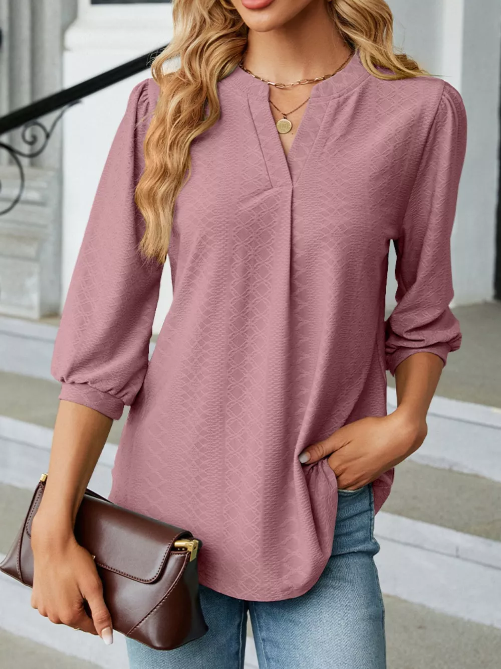 Notched 3/4 Sleeve Casual Top, image 8