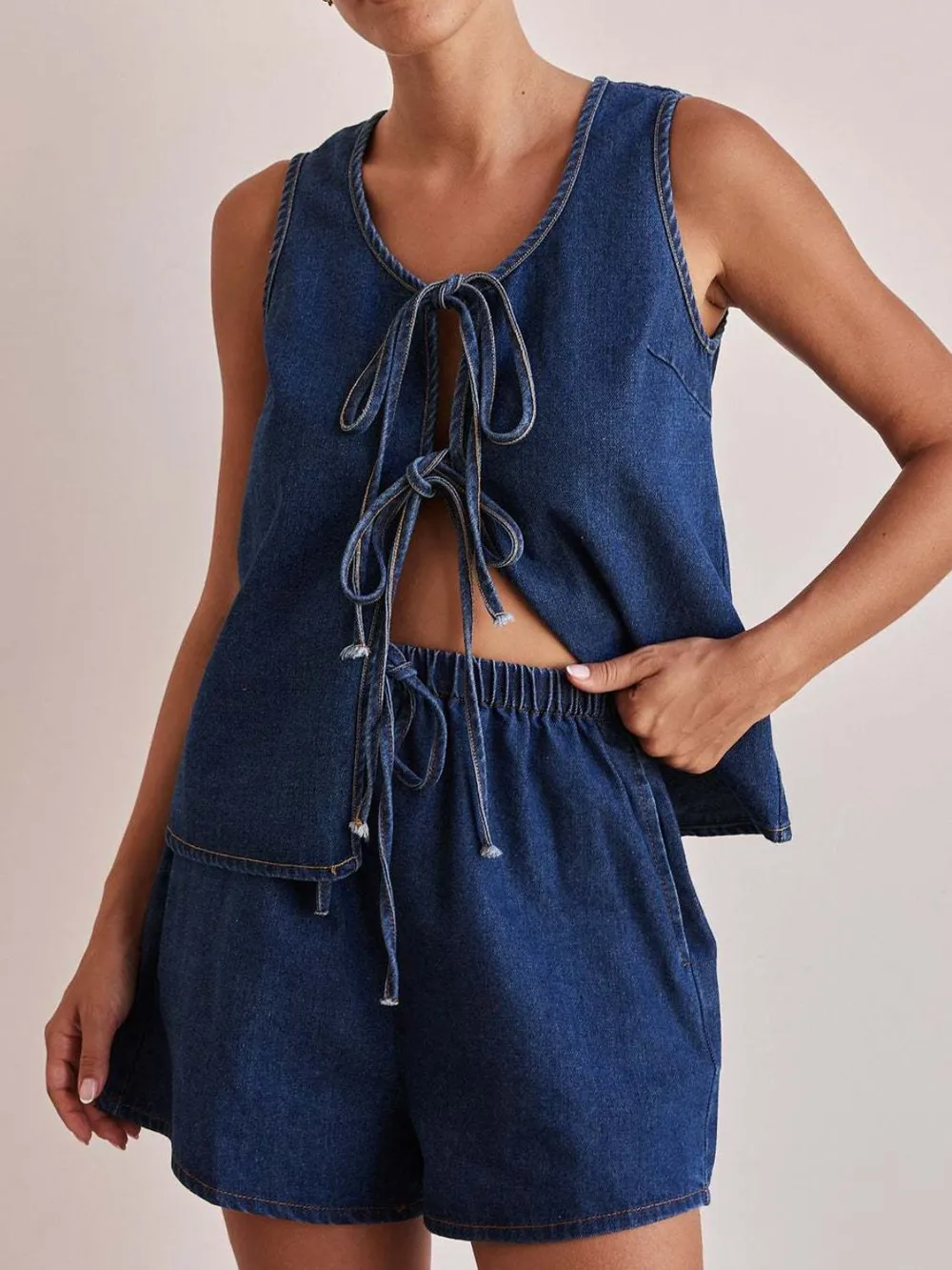 Tie Front Vest and Shorts Denim Set, image 2