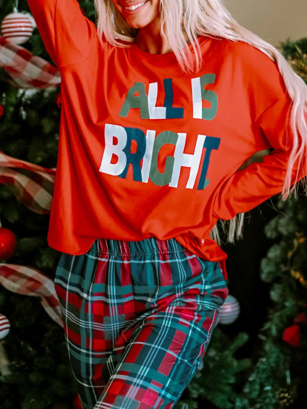 ALL IS BRIGHT Graphic Christmas Plaid Pajamas Set, image 3