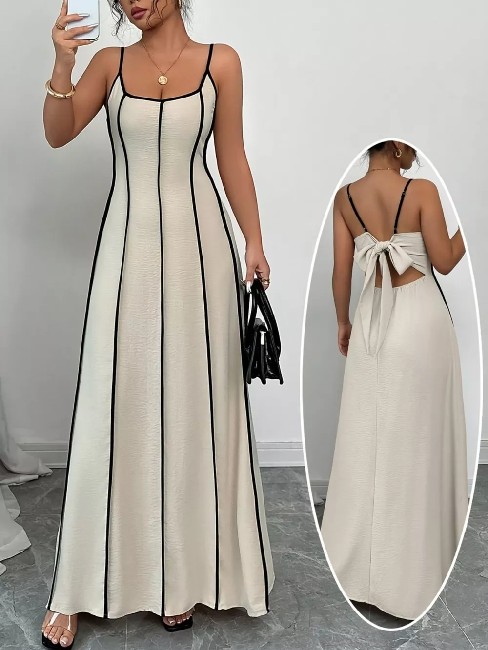 Contrast Trim Spaghetti Strap Maxi Dress, image 3