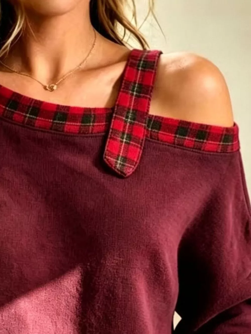 Full Size Cold-Shoulder Plaid Patchwork Long Sleeve Top Plus Size, image 8