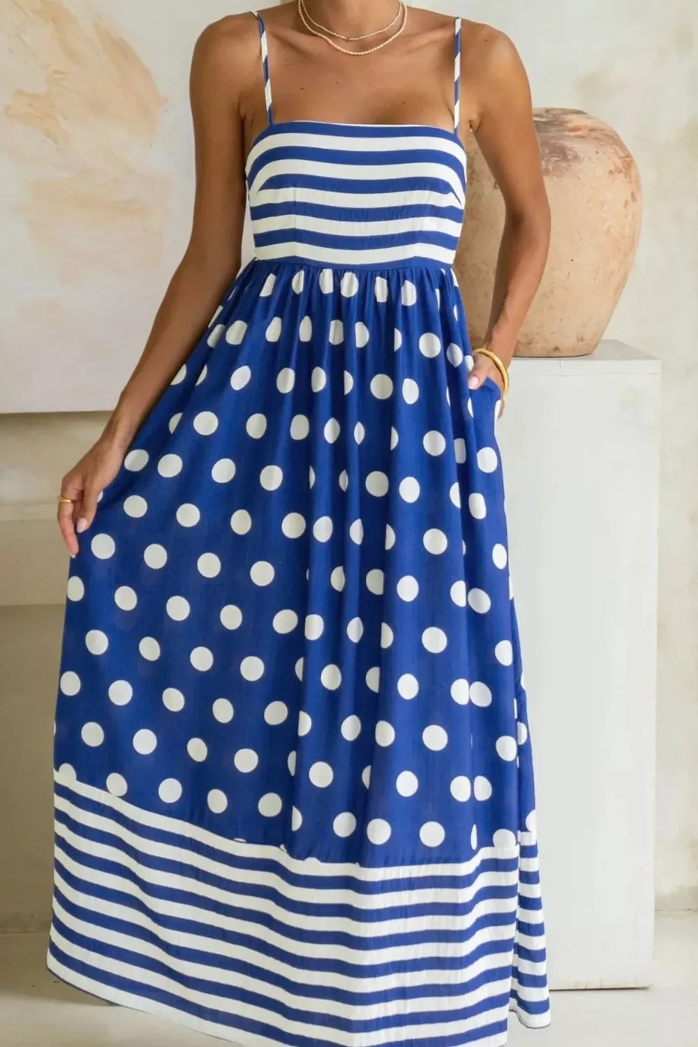 Striped Polka Dot Patchwork High Waist Spaghetti Straps Maxi Dress, image 4