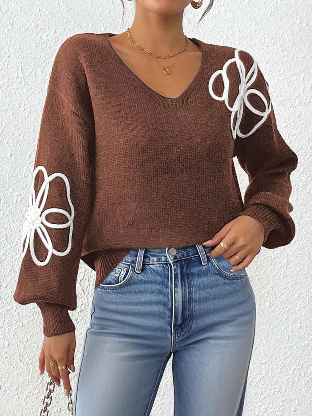 Flower V-Neck Long Sleeve Sweater, image 13