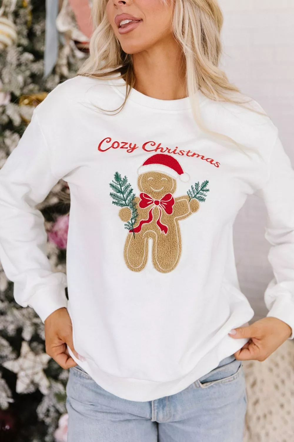 Embroidered Gingerbread Cozy Christmas Long Sleeve Round Neck Sweatshirt, image 3