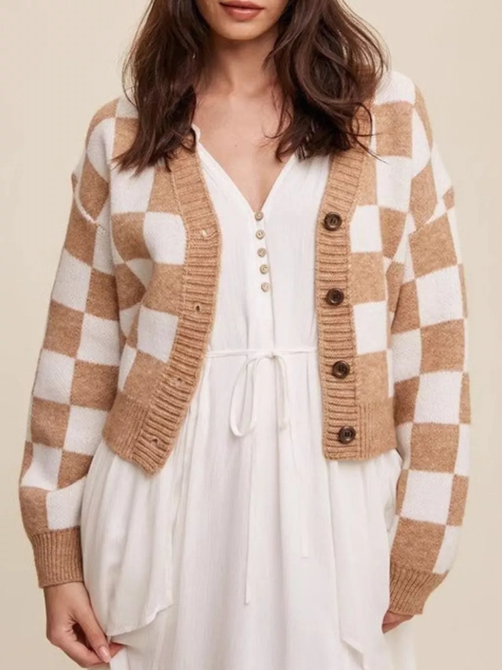 Checkerboard Pattern Button-Down Cardigan, image 5