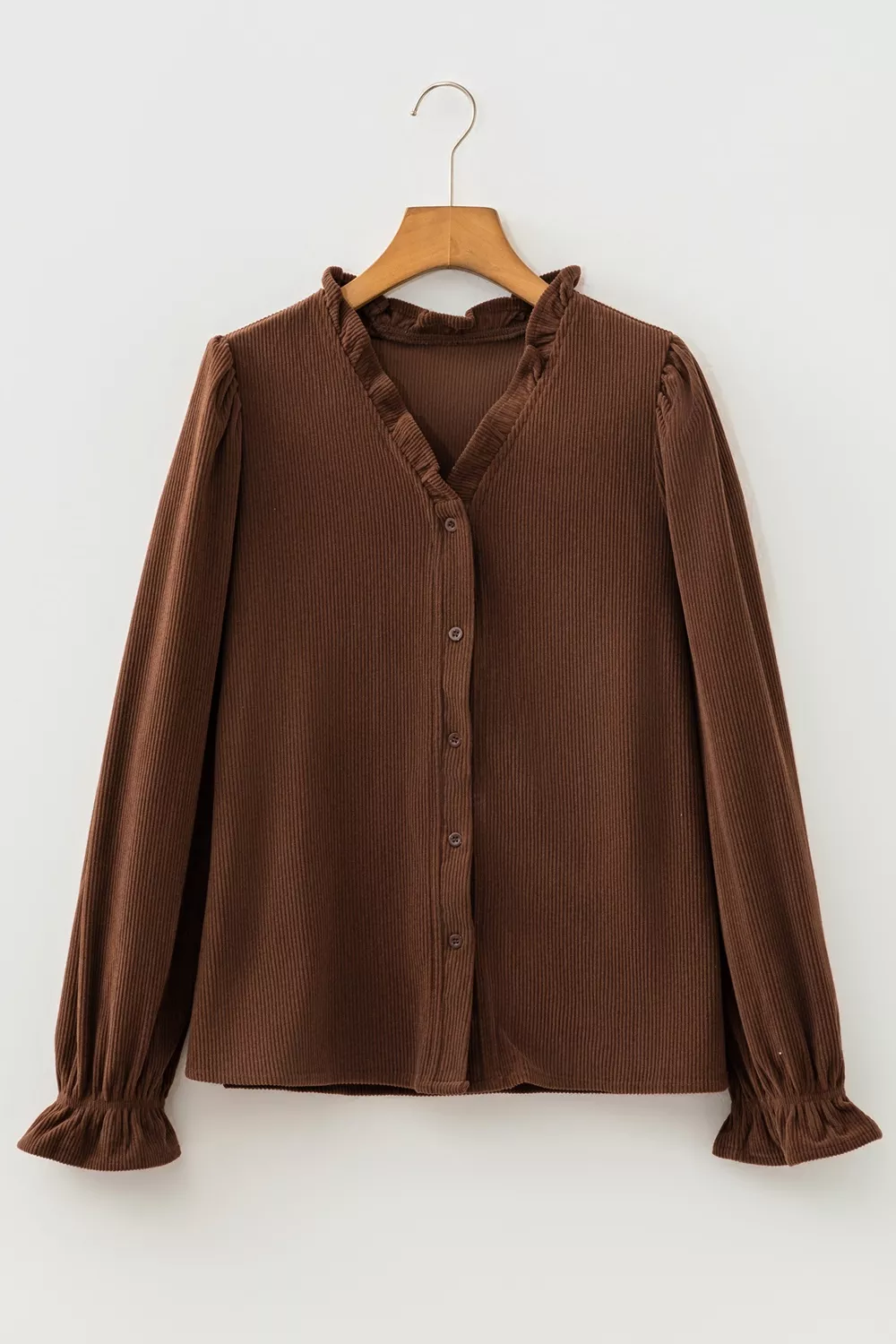 Solid Color Ruffle Trim V Neck Long Sleeve Button Corduroy Shakcet, image 5