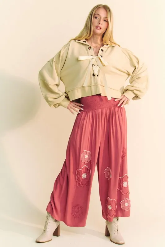 Smocked Waist Flower Patch Wide Leg Pants, image 4