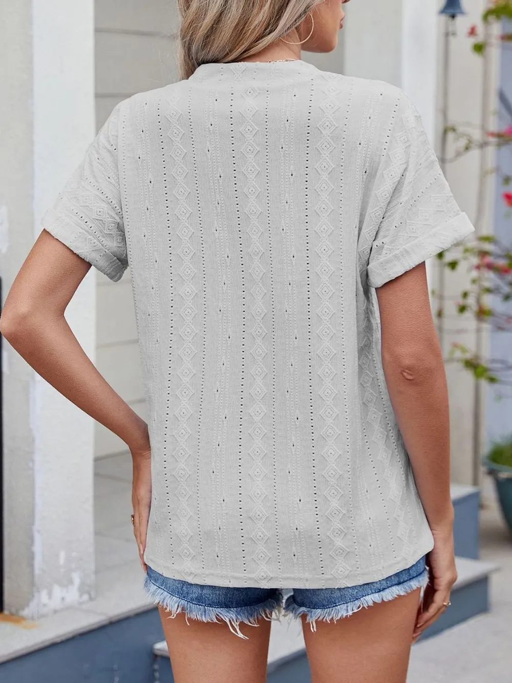 Eyelet Notched Short Sleeve Top, image 27