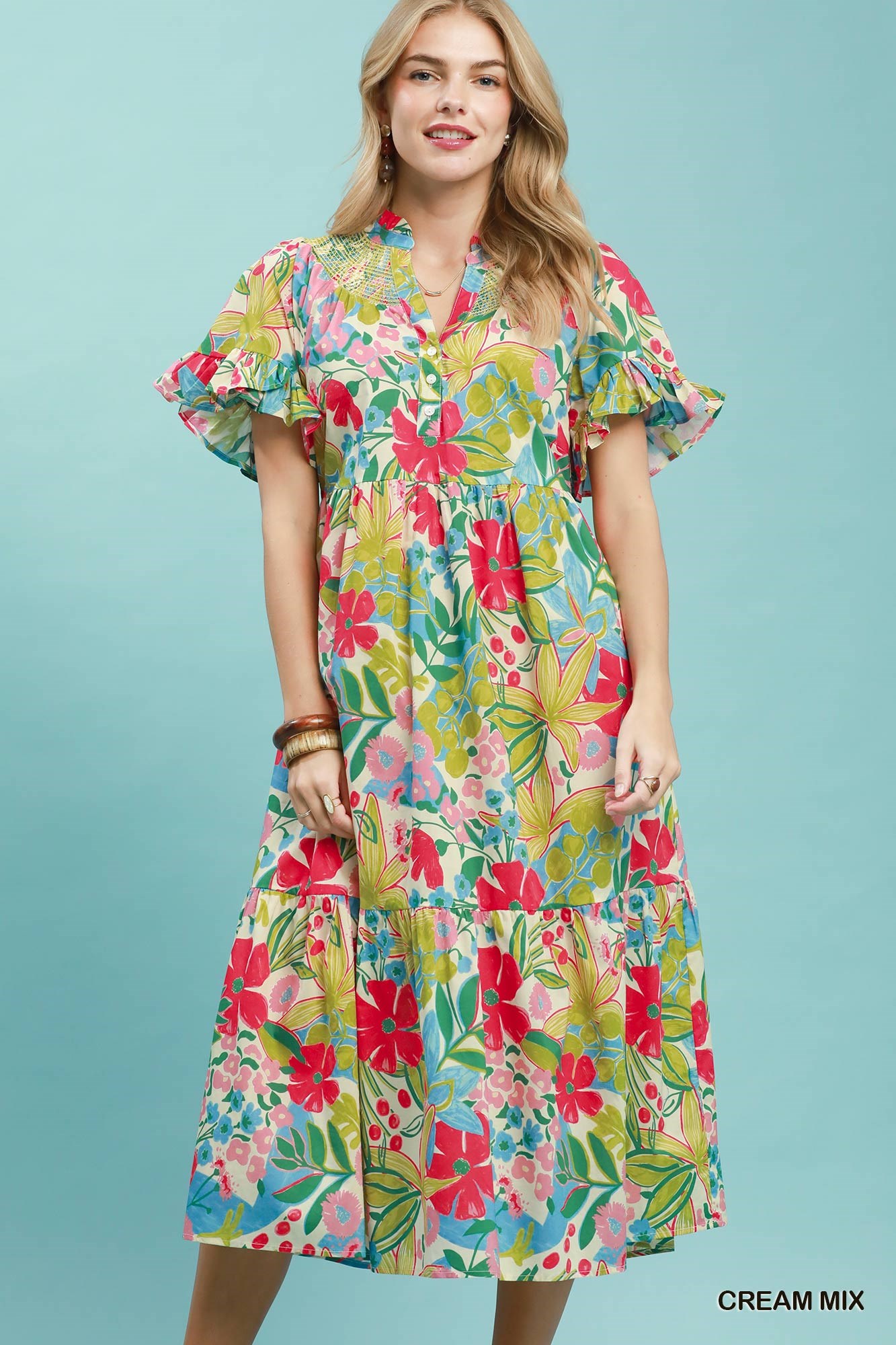Tropical Floral Ruffle Sleeve Tiered Midi Dress