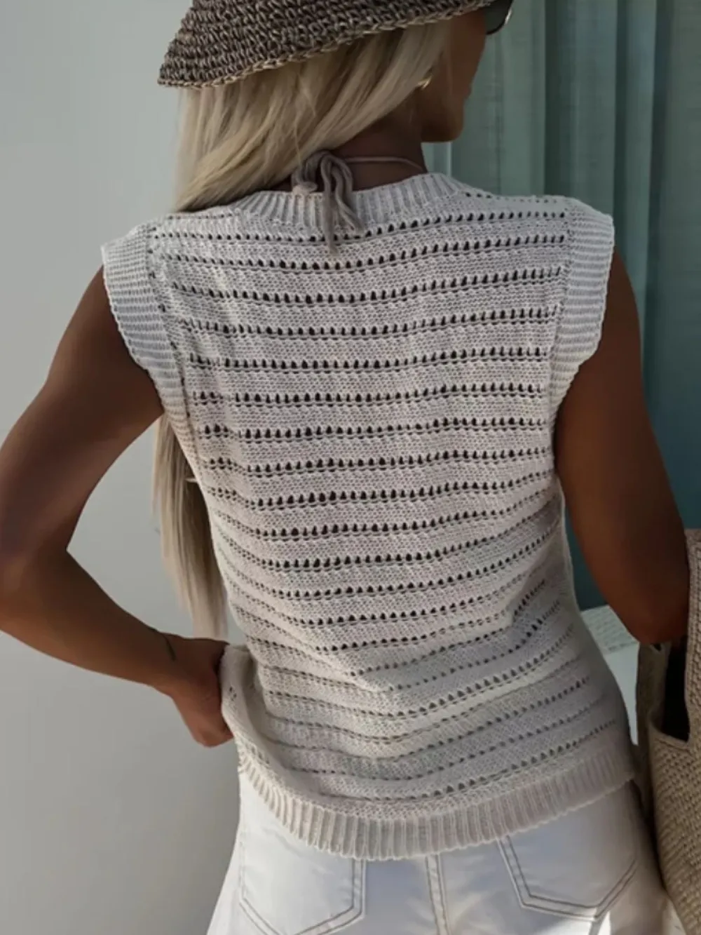 Openwork Round Neck Sweater Vest, image 6