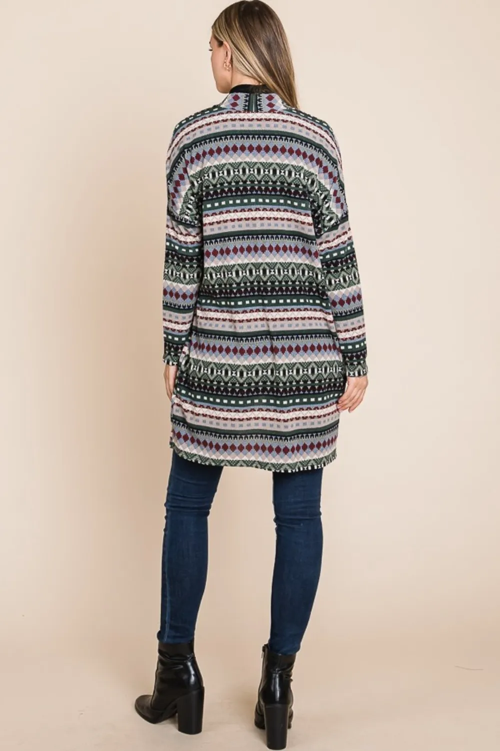 Geometric Open Front Long Sleeve Cardigan with Pockets, image 5