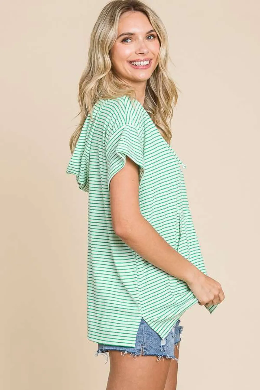 Full Size Striped Short Sleeve Hooded Top, image 3