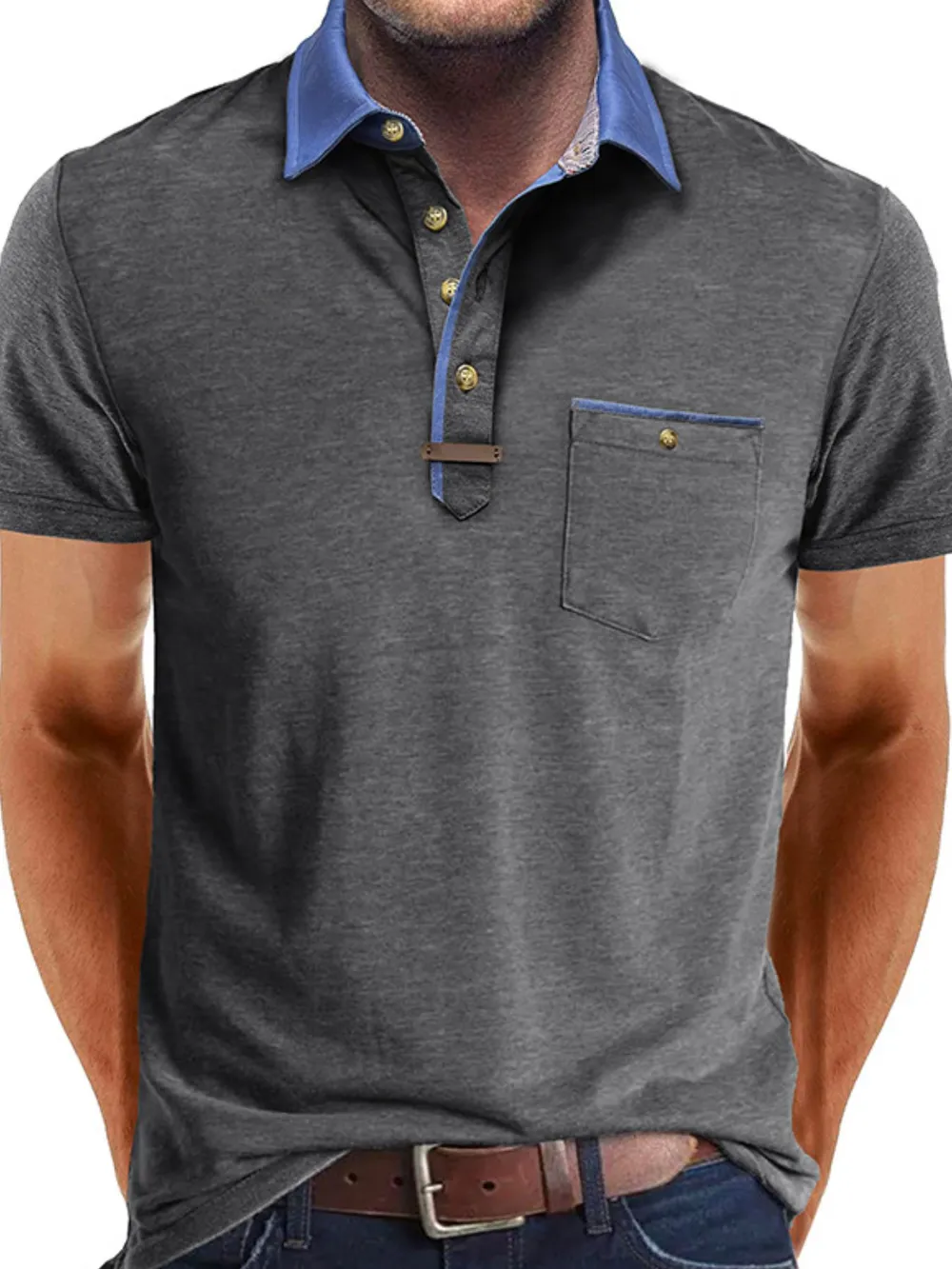 Men's Full Size Contrast Collar Pocket Polo Shirt Plus Size, image 4