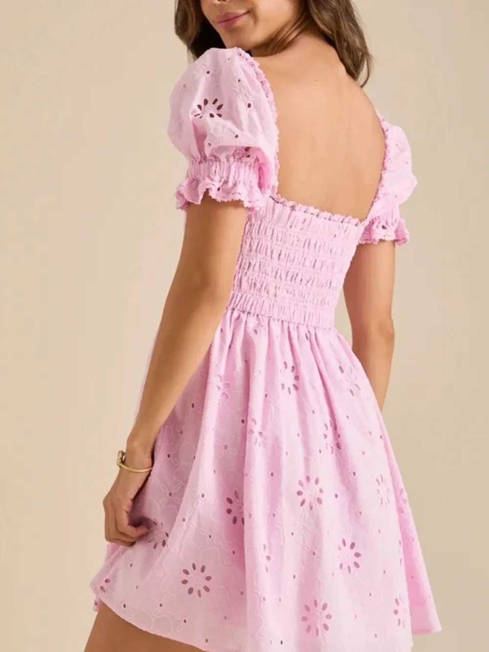 Eyelet Puff Sleeve Smocked Mini Dress, image 11