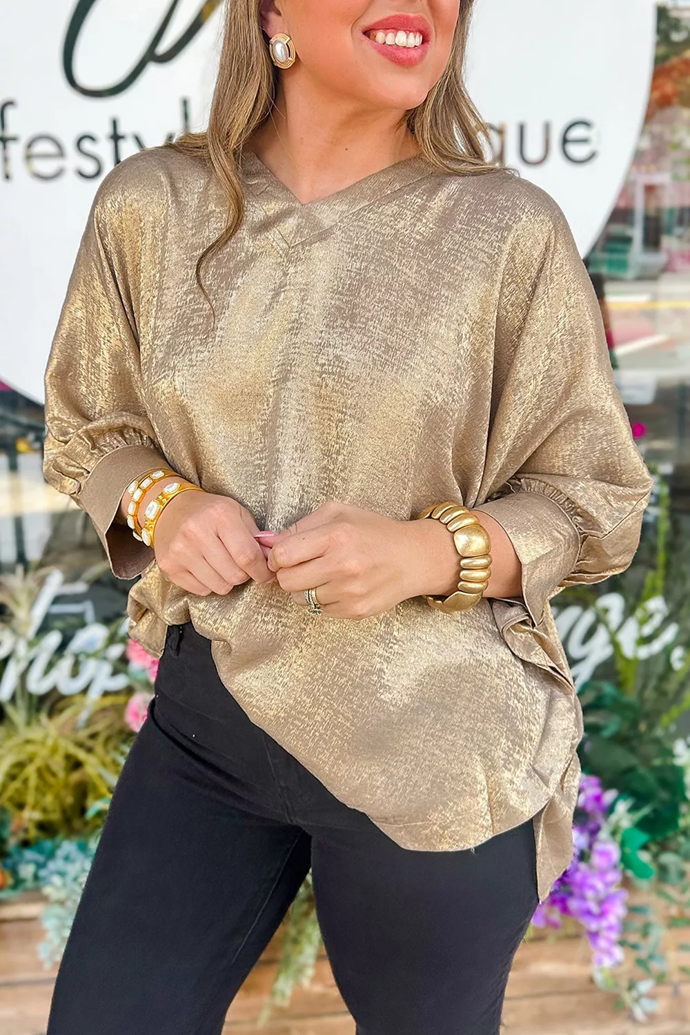 Metallic V Neck Button Cuffed Long Sleeve Dolman Blouse, image 5