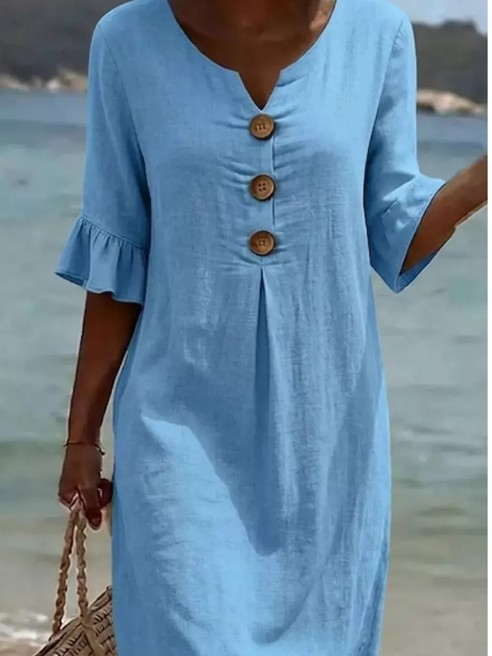Full Size Button Decor Flounce Sleeve Dress Plus Size, image 6