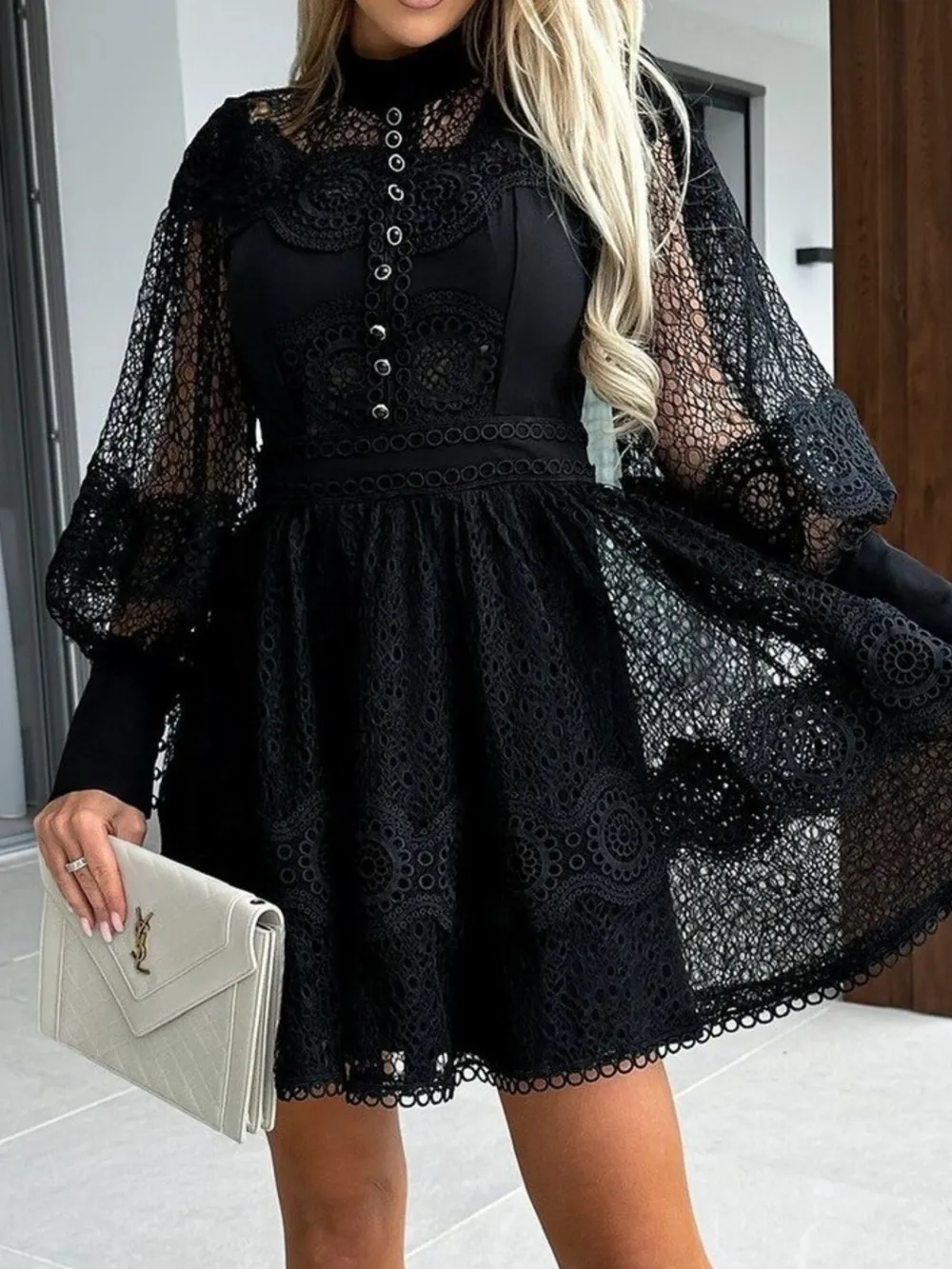 Lace Lantern Sleeve Mini Dress, image 18
