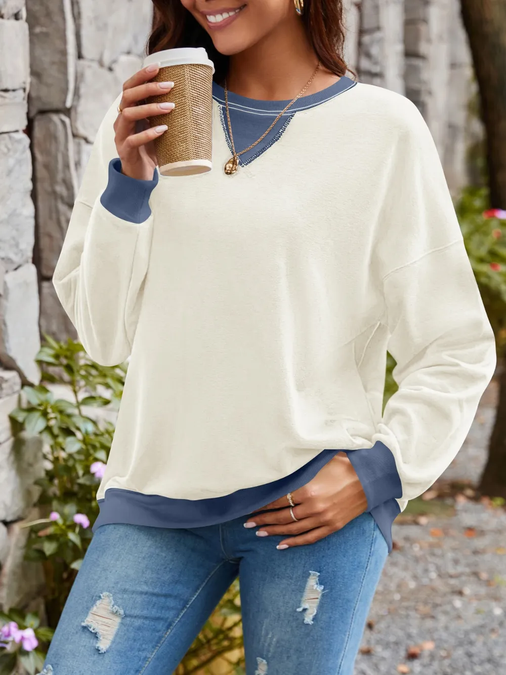 Contrast Round Neck Long Sleeve Sweatshirt, image 25