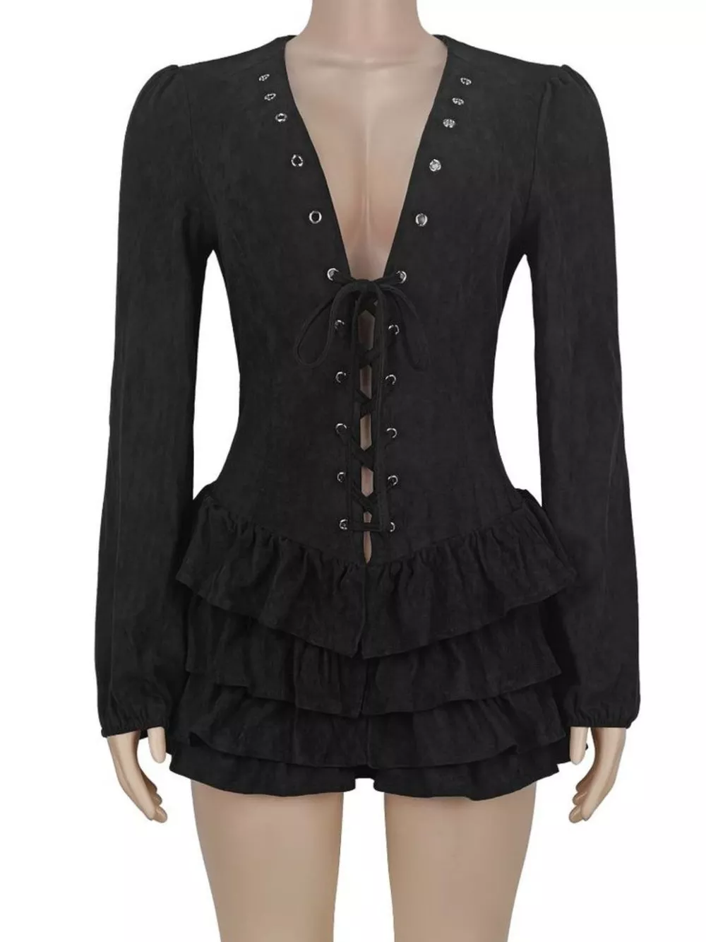 Lace-Up Ruffle Hem Long Sleeve Mini Dress, image 11
