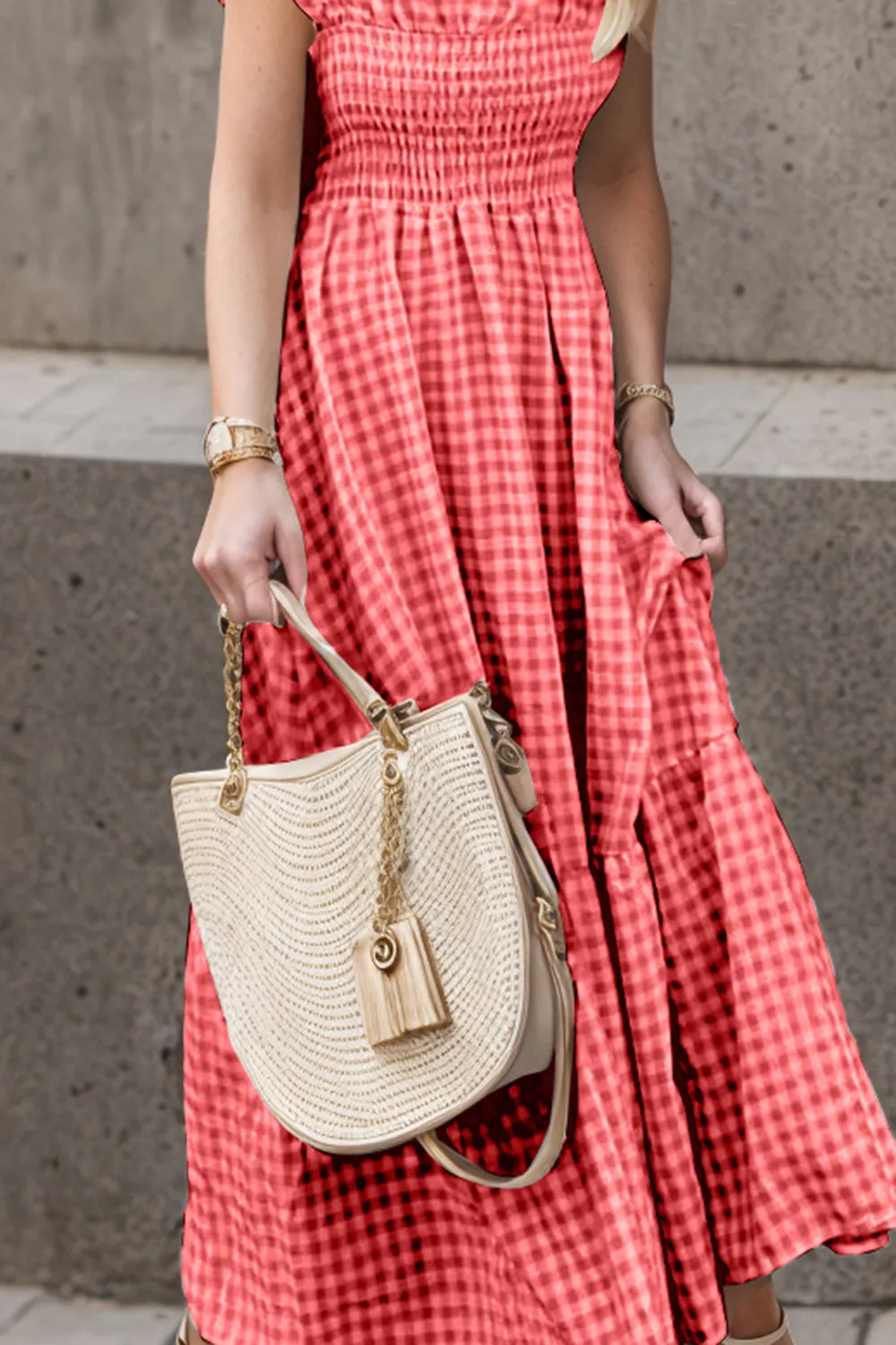 Full Size Smocked Ruffled Plaid Ruffle Hem Dress, image 11