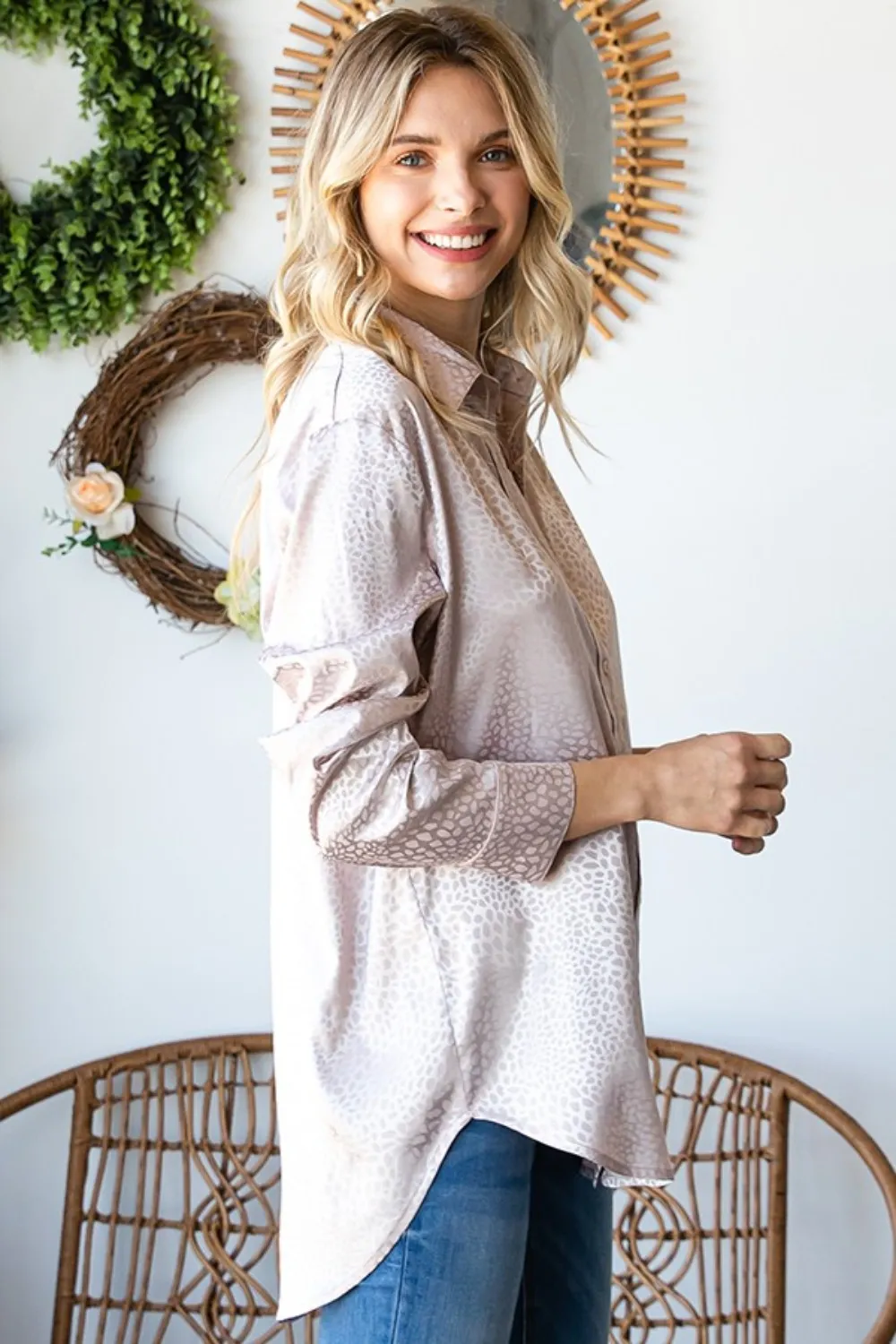 Full Size Ditsy Dot Button Down Collared Satin Shirt, image 3
