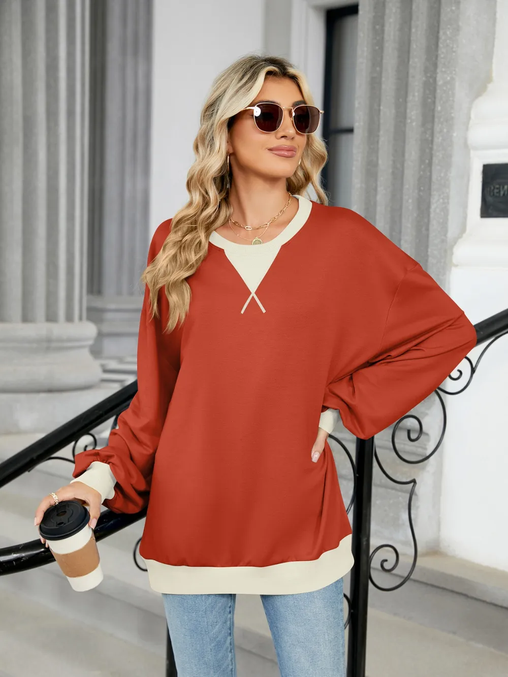 Contrast Round Neck Long Sleeve Sweatshirt, image 8