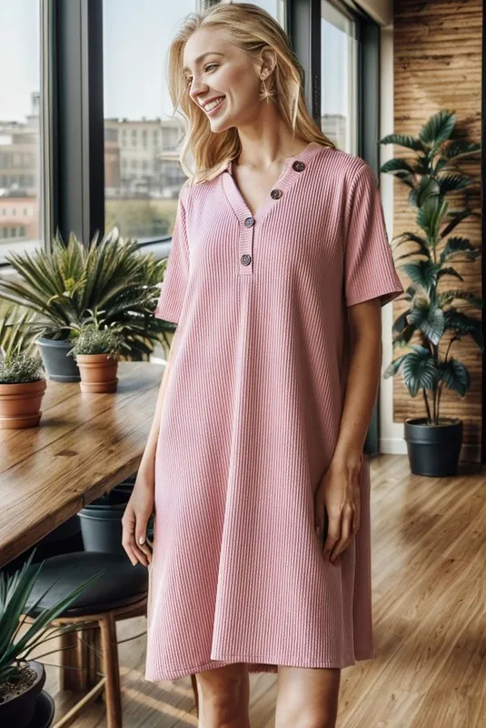 Full Size Solid Ribbed Mini Dress with Button Plus Size