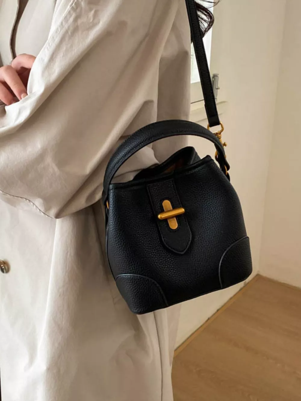 Textured Leather Bucket Crossbody Bag, image 3