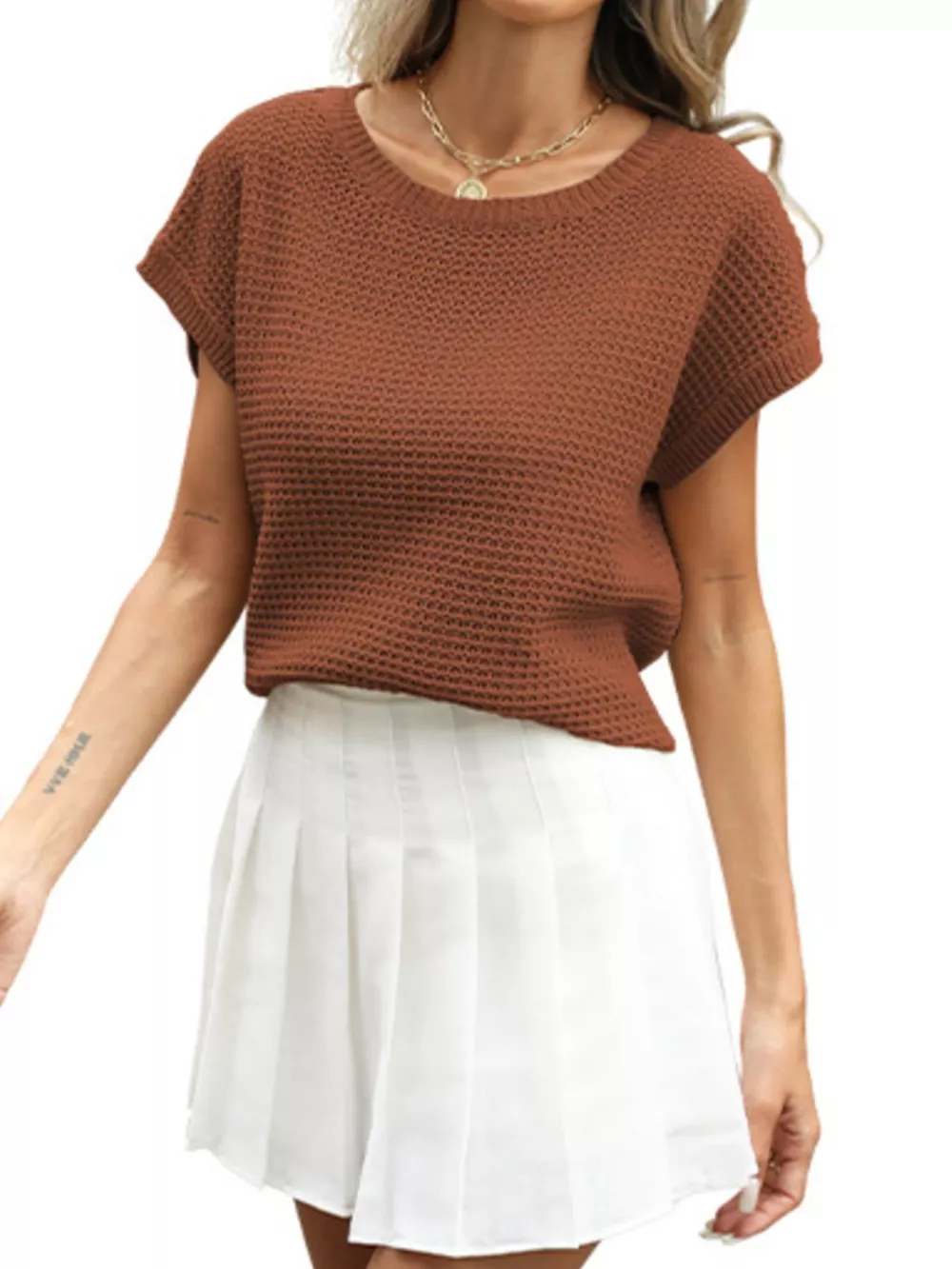 Round Neck Waffle Knit Top, image 12