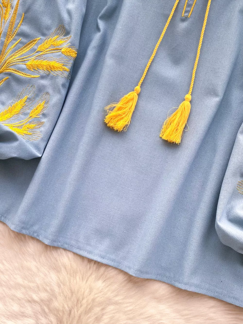 Embroidered Wheat Pattern Tie Neck Blouse, image 21