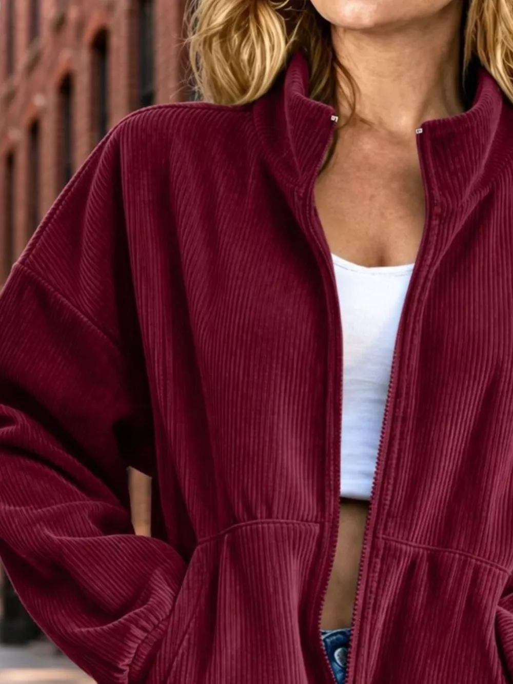 Corduroy Zip-Up Dropped Shoulder Jacket, image 5
