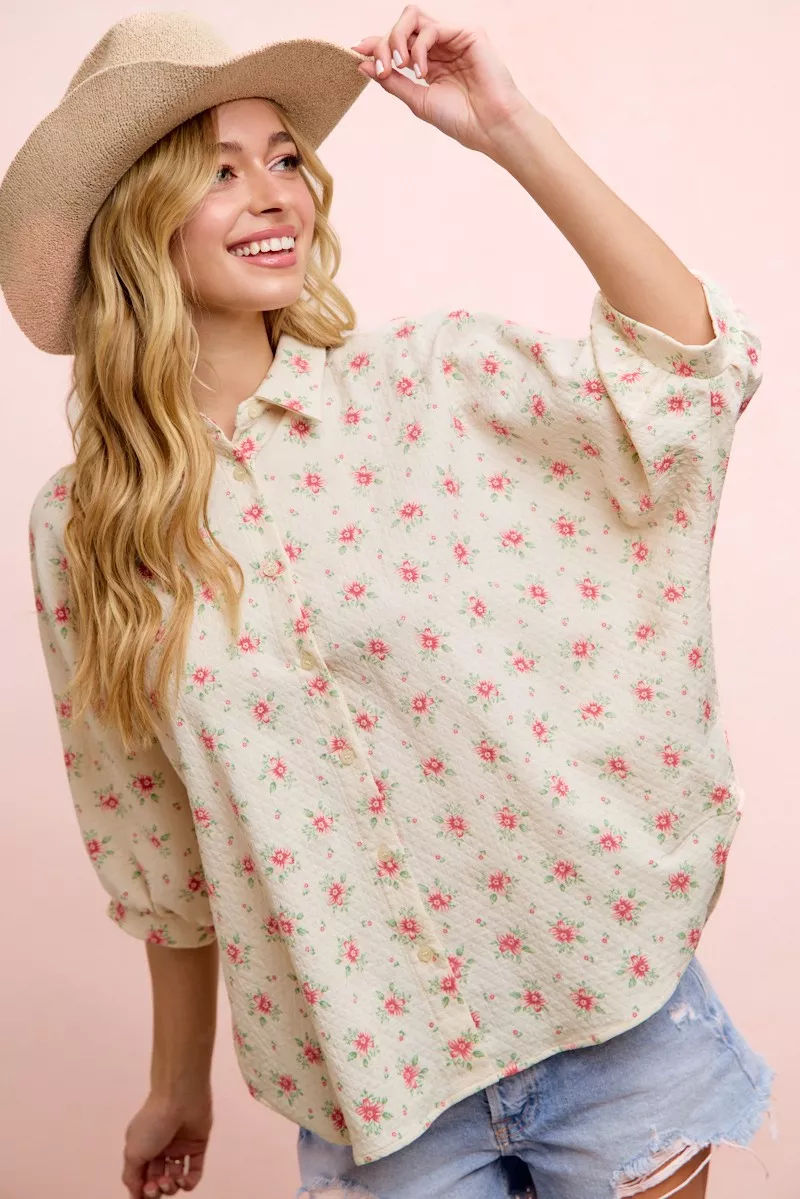 Flower Printed Short Dolman Blouse Top
