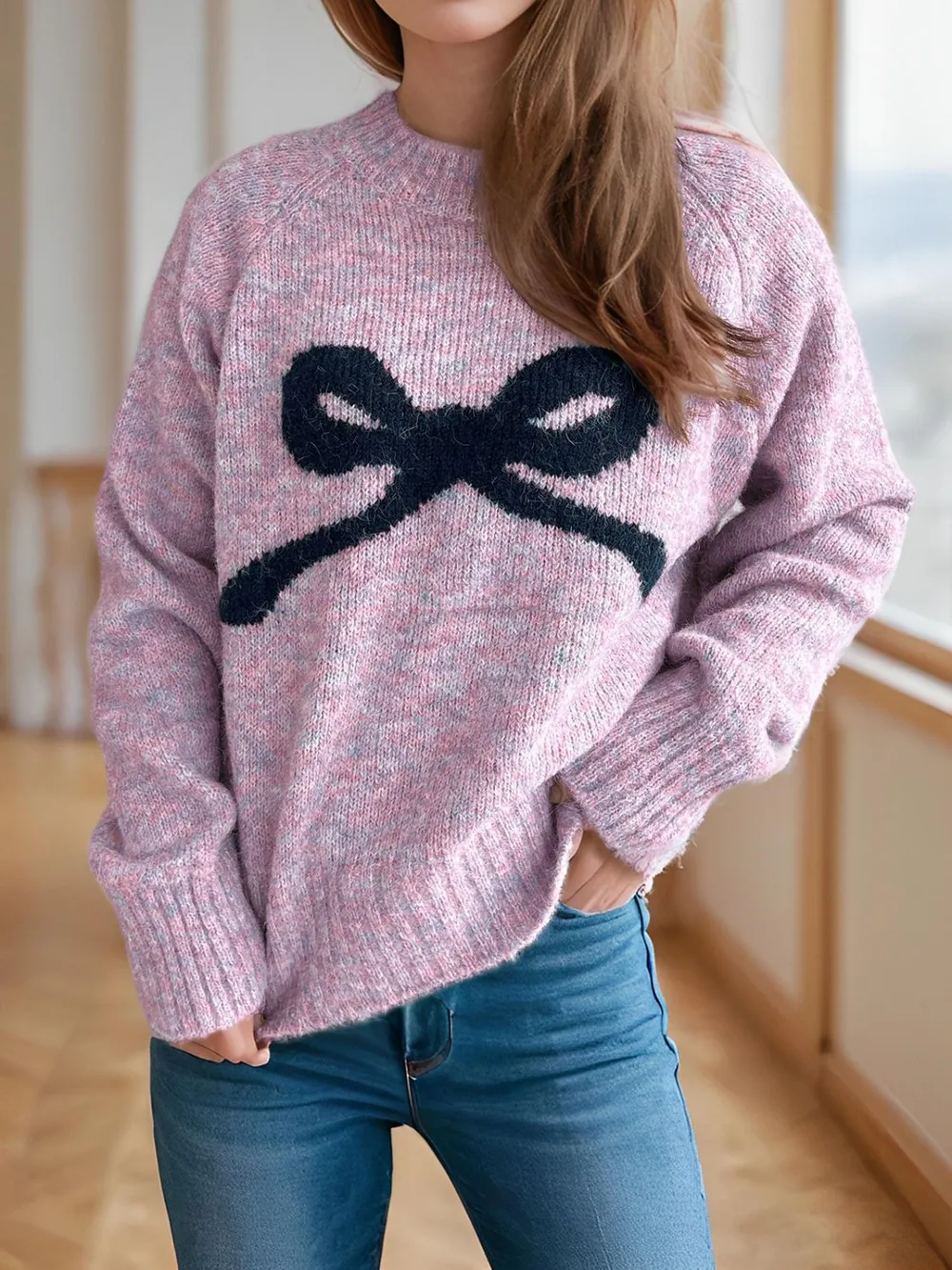 Bow Round Neck Long Sleeve Sweater, image 14