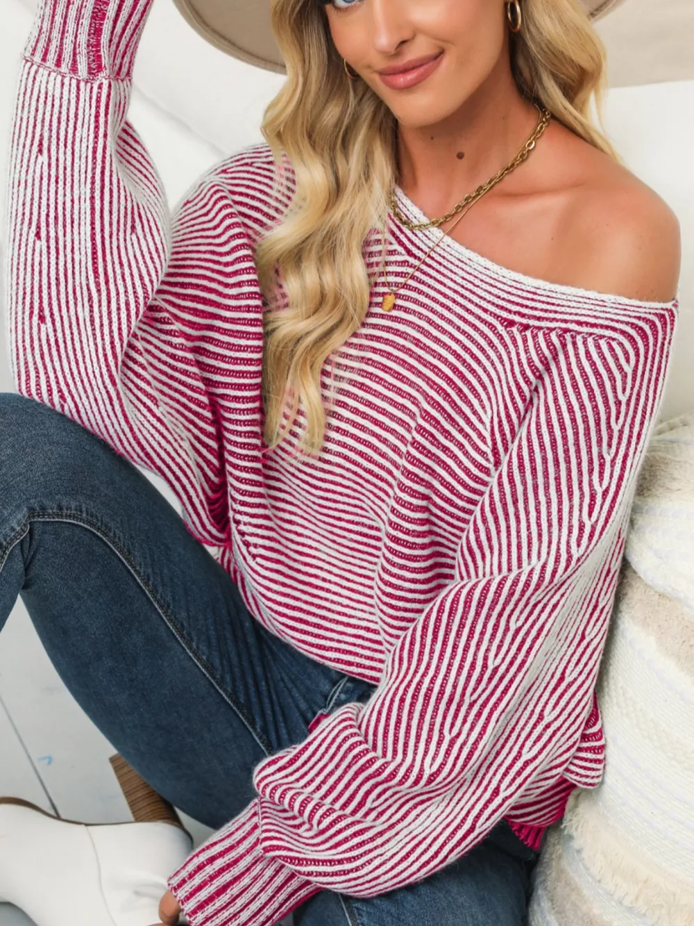 Striped Boat Neck Casual Sweater, image 9