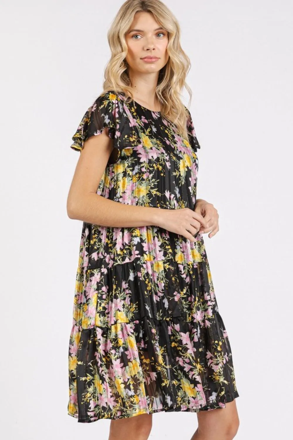 Flower Print Round Neck Flutter Sleeve Tiered Dress, image 3