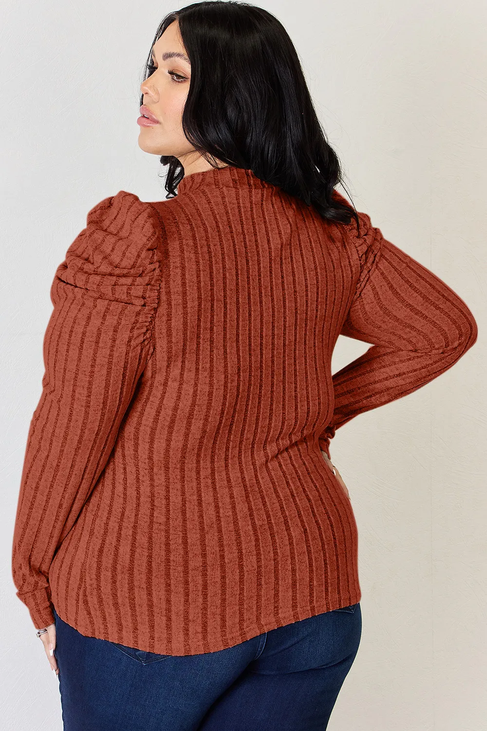 Full Size Ribbed Mock Neck Puff Sleeve T-Shirt, image 30