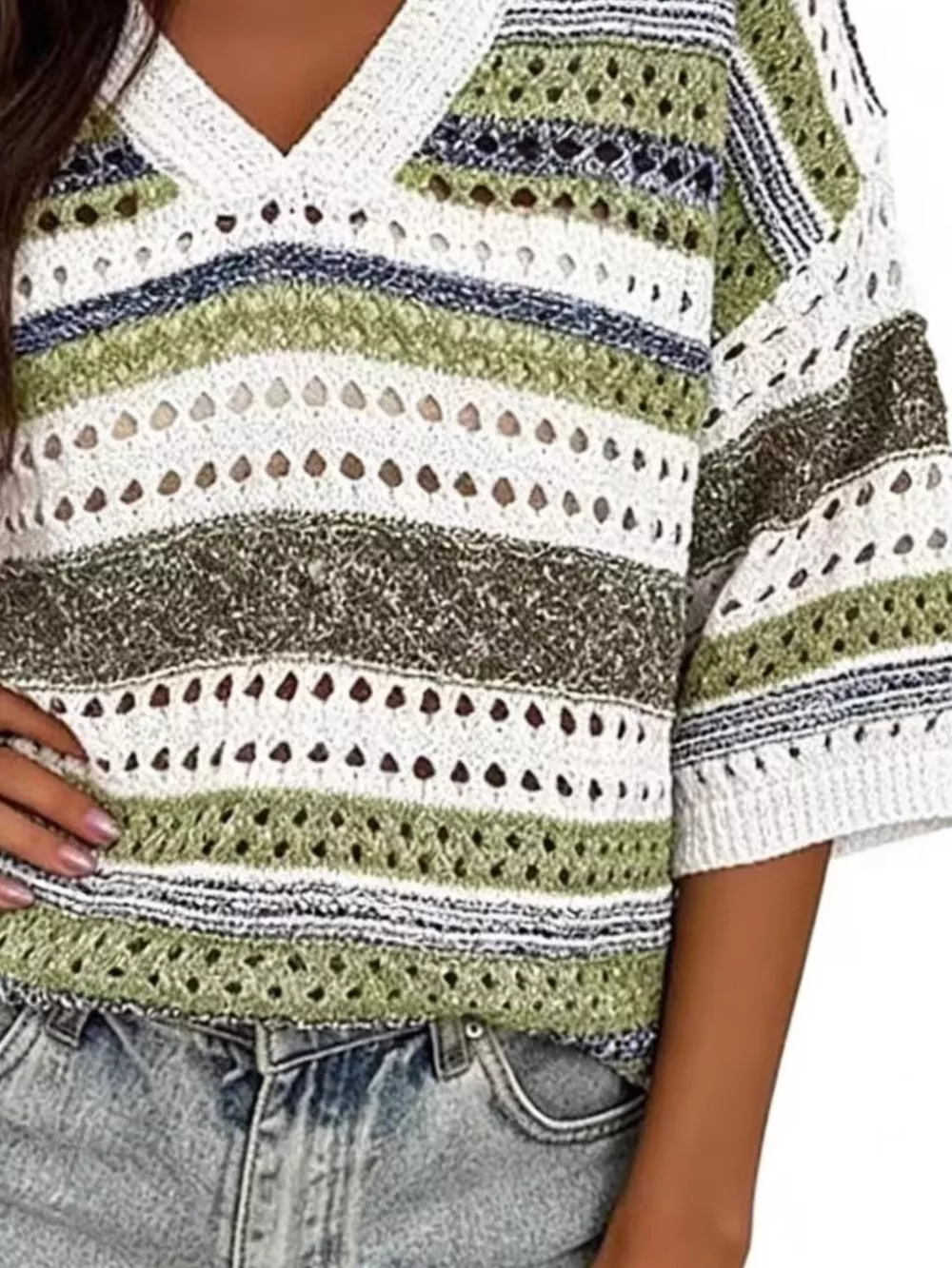 Chic Striped Crochet Knit Top, image 3