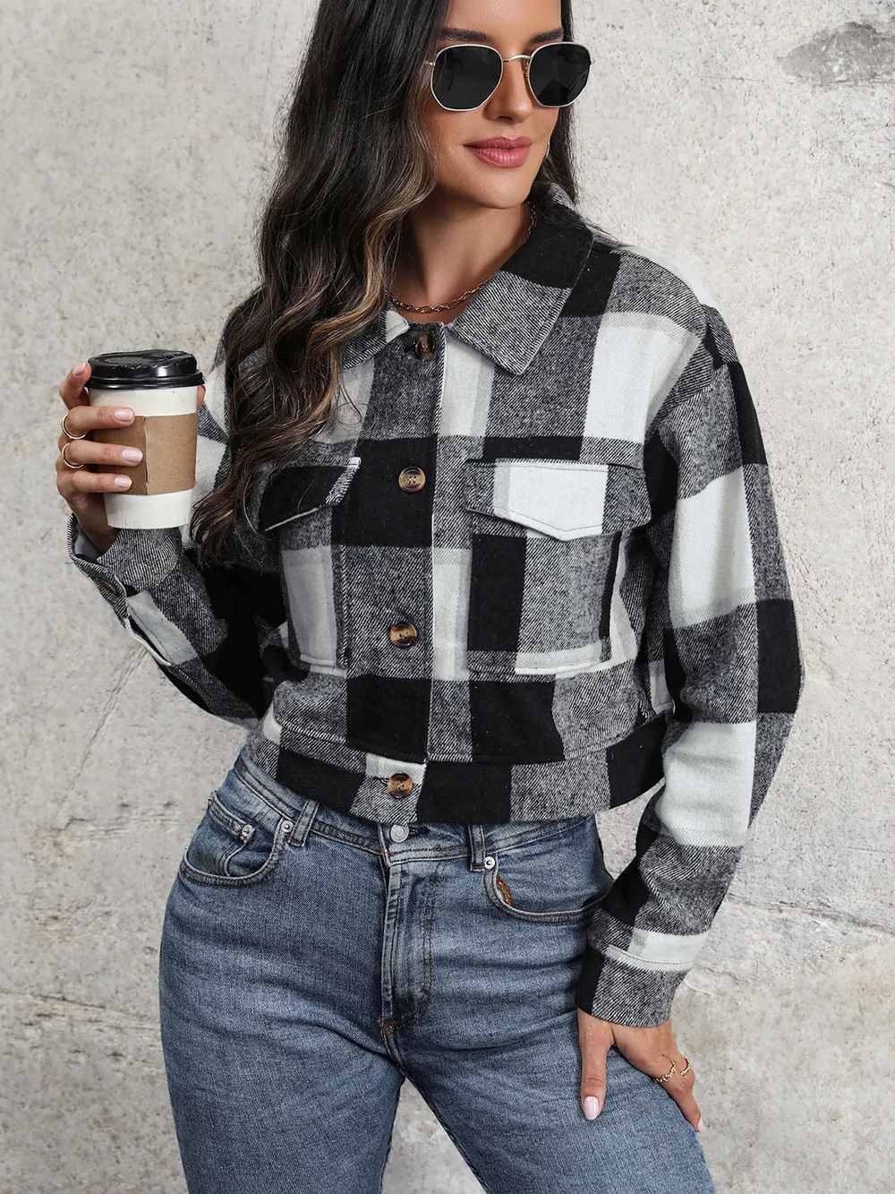 Plaid Button Up Drop Shoulder Cropped Jacket, image 24