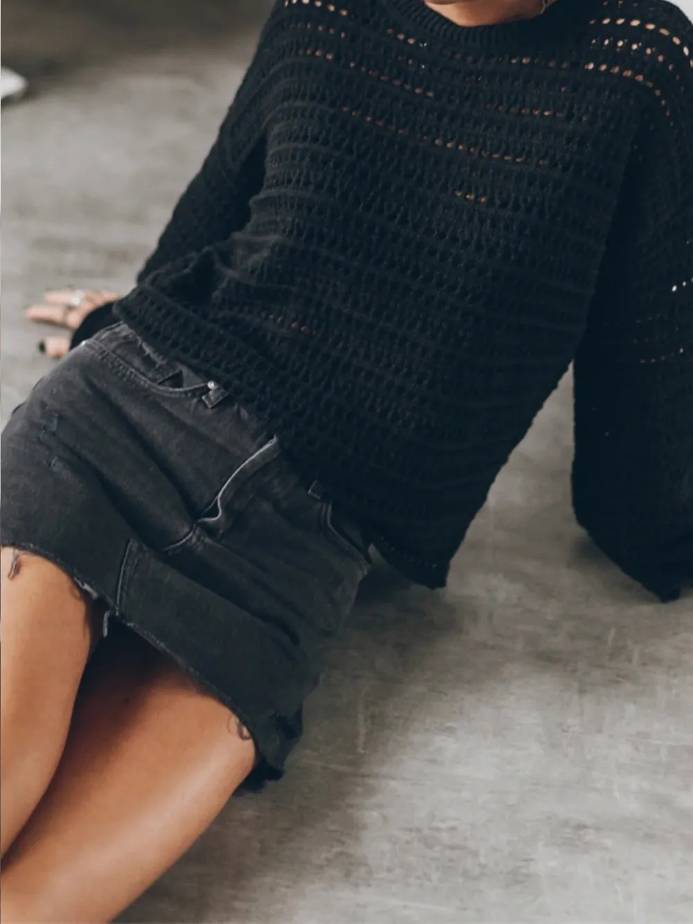 Openwork Round Neck Dropped Shoulder Knit Top, image 6
