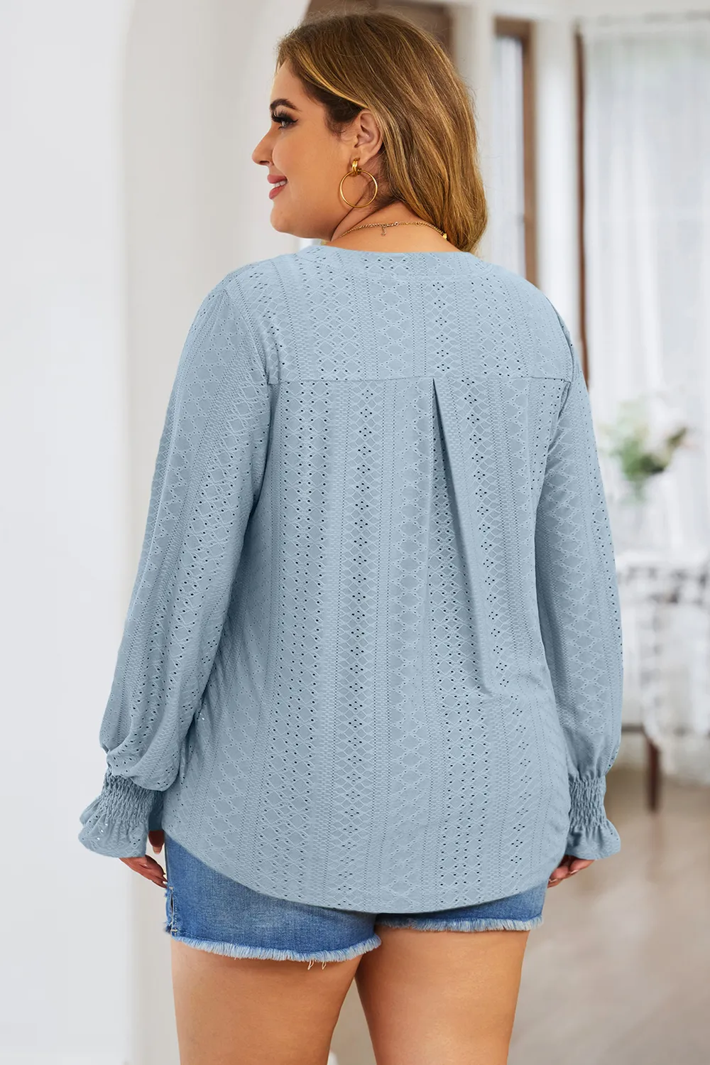 Plus Size Eyelet Notched Flounce Sleeve Blouse, image 9