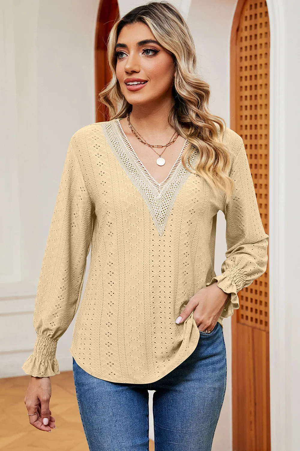Eyelet V-Neck Flounce Sleeve T-Shirt, image 10