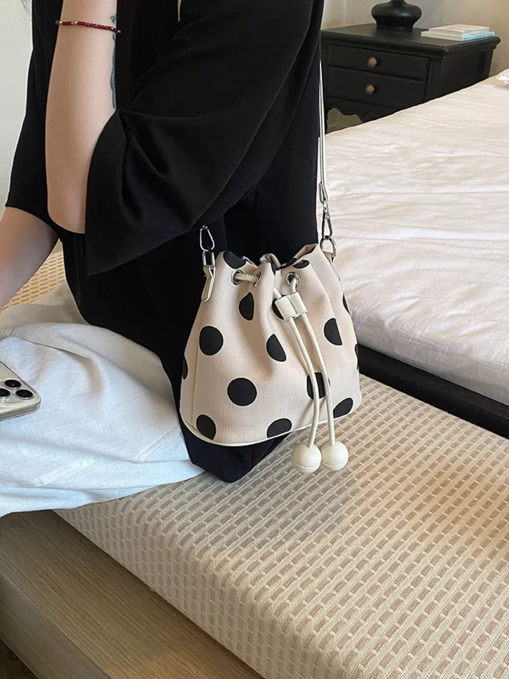 Polka Dot Drawstring Bucket Crossbody Bag, image 6