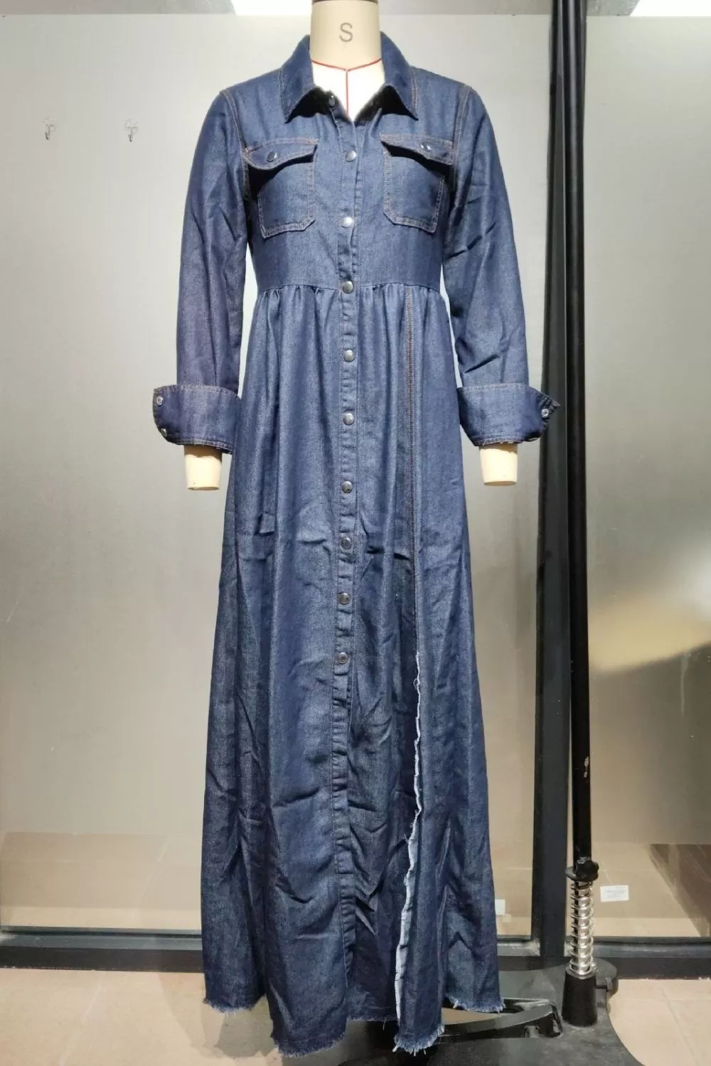 Raw Hem Long-Sleeve Denim Maxi Dress, image 5
