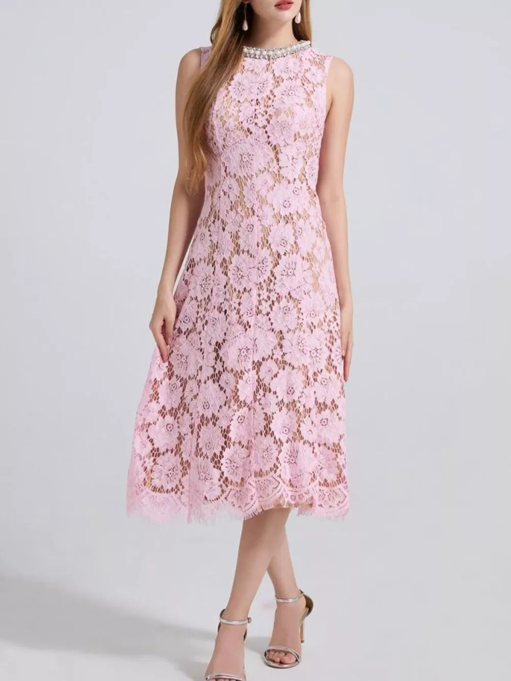 Pearl Neckline Sleeveless Lace Dress, image 23