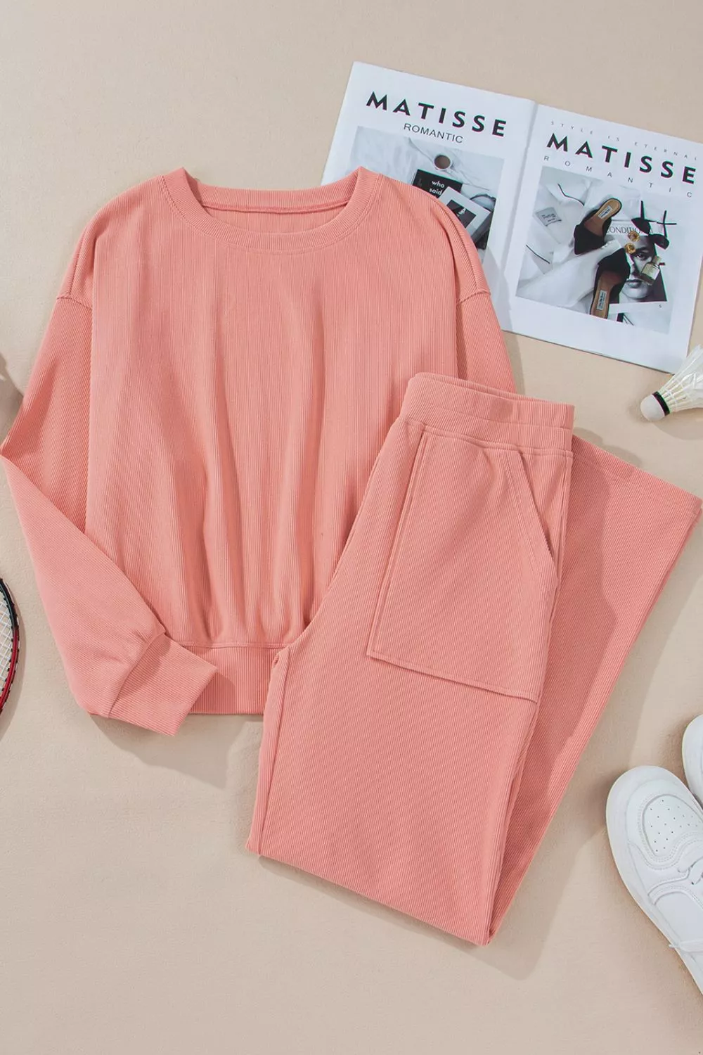 Round Neck Long Sleeve Top and Pants Set, image 8