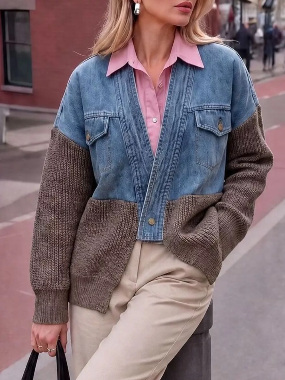 Contrast Denim and Knit Patchwork Cardigan, image 2