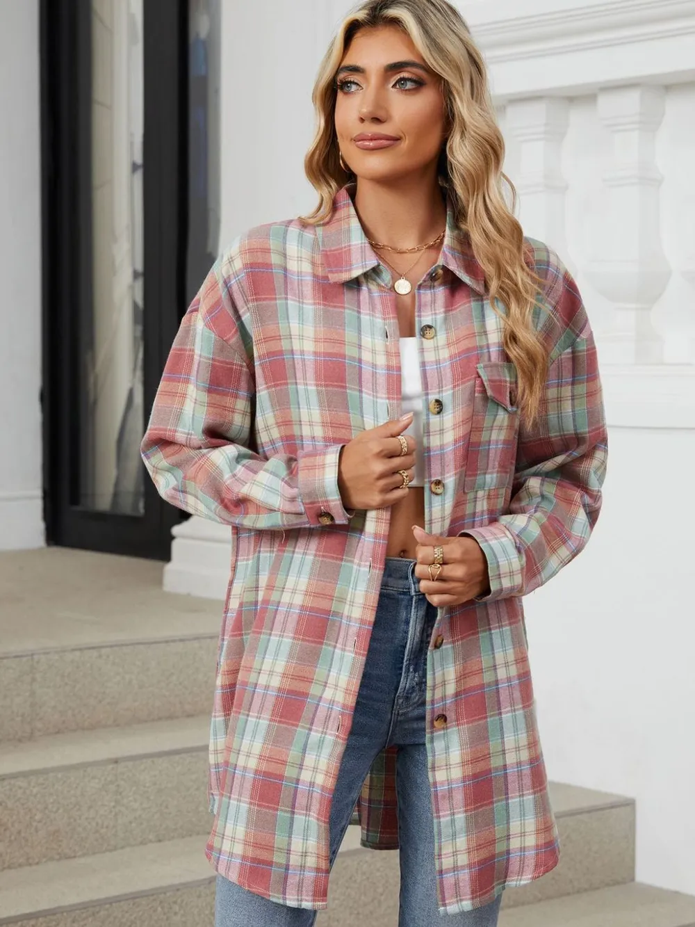 Plaid Collared Neck Long Sleeve Shirt, image 4