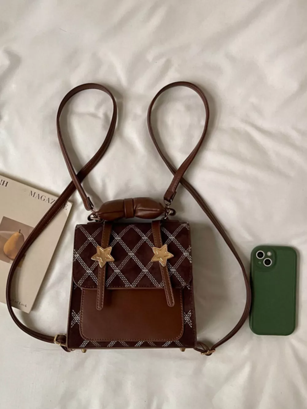 Vintage Diamond Pattern Backpack Bag, image 4