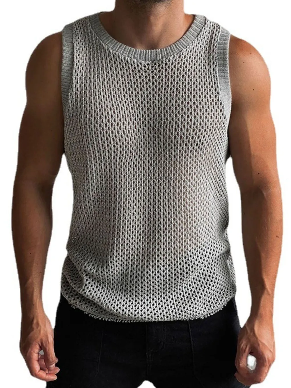Men's Round Neck Hollow Out Sleeveless Knit Top, image 7
