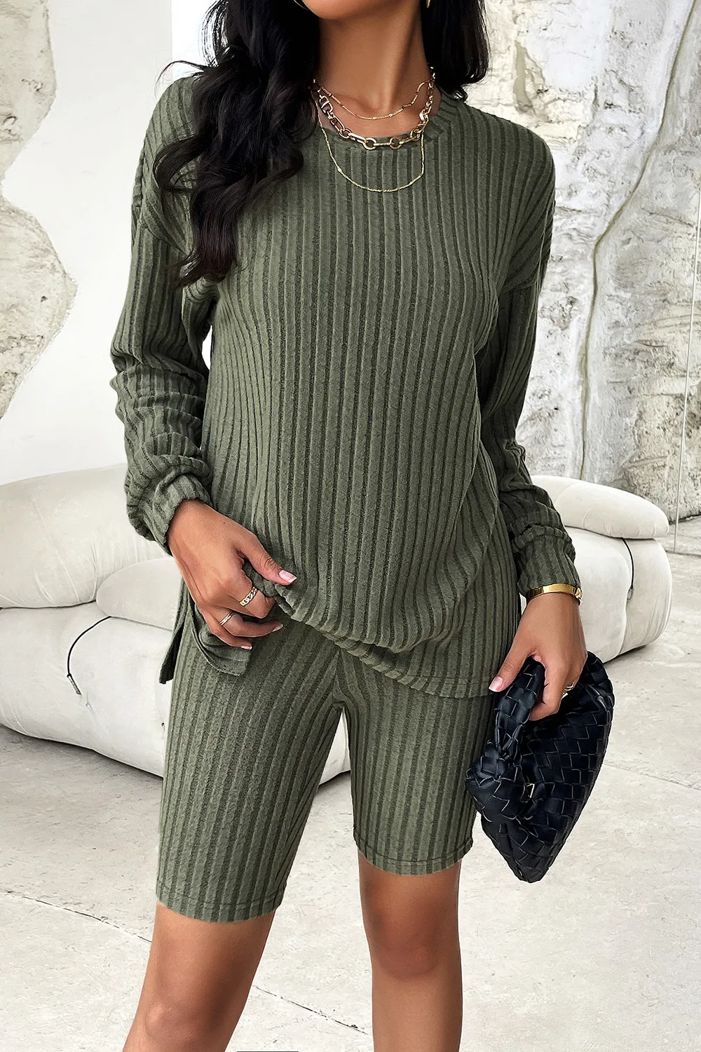 Ribbed Round Neck Dropped Shoulder Top and Shorts Set, image 9